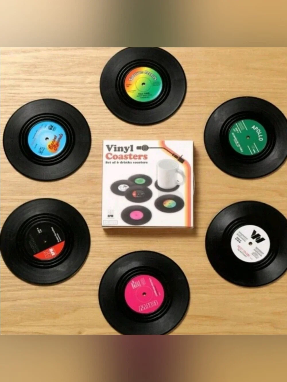 Set of 6 Vinyl Record Retro Anti Slip Coasters In Box